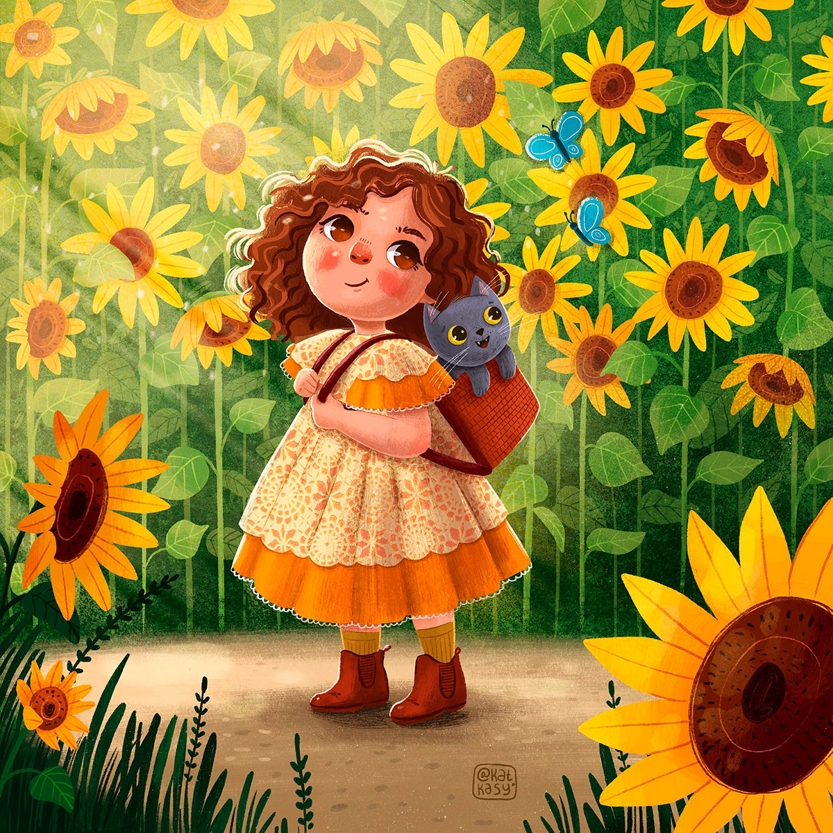 book Cat Character design  children Digital Art  girls ILLUSTRATION  summer sunflower Sunflowers