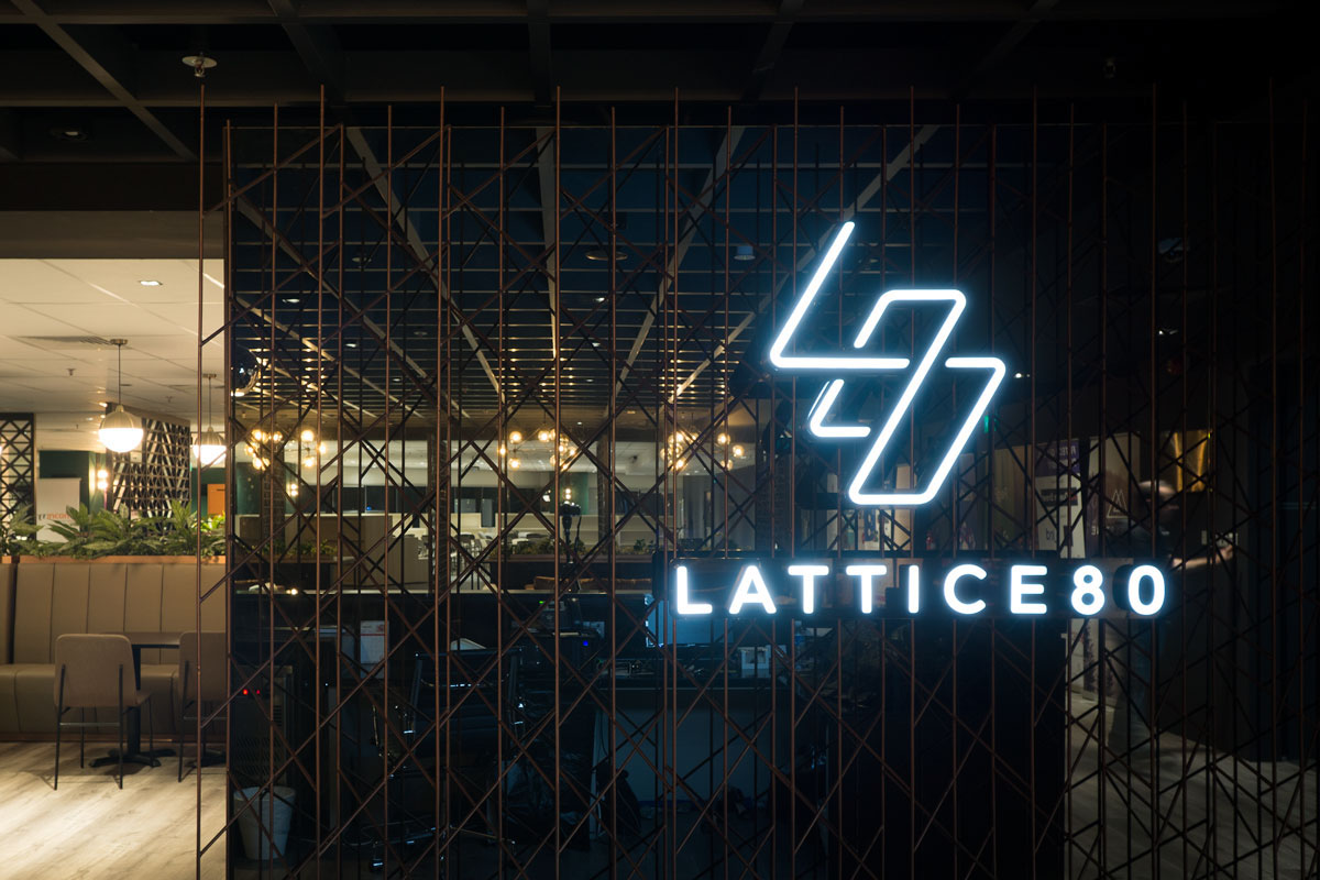 lattice Fintech branding  Interior Office co-working copper teal Signage foil