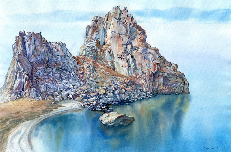 baikal watercolors Landscape old ship lake seagals Siberia Russia buryatia