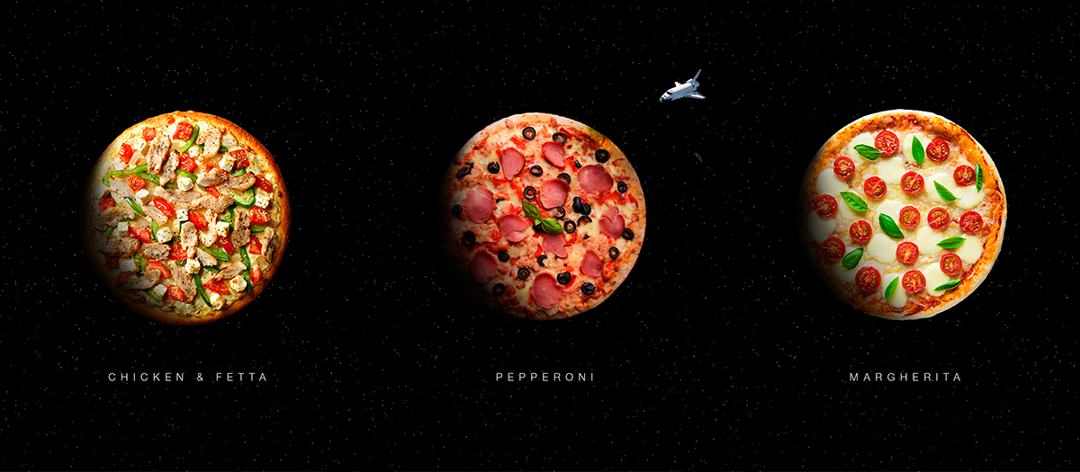 eat planet Pizza animated cosmonaut astronaut pizzeria logo identity Space 