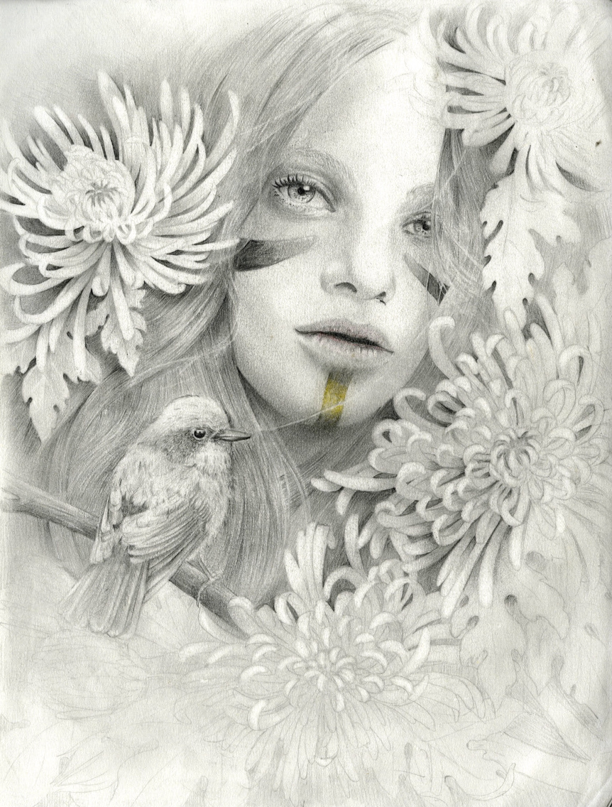 girl bird Chrysanthemum flower portrait