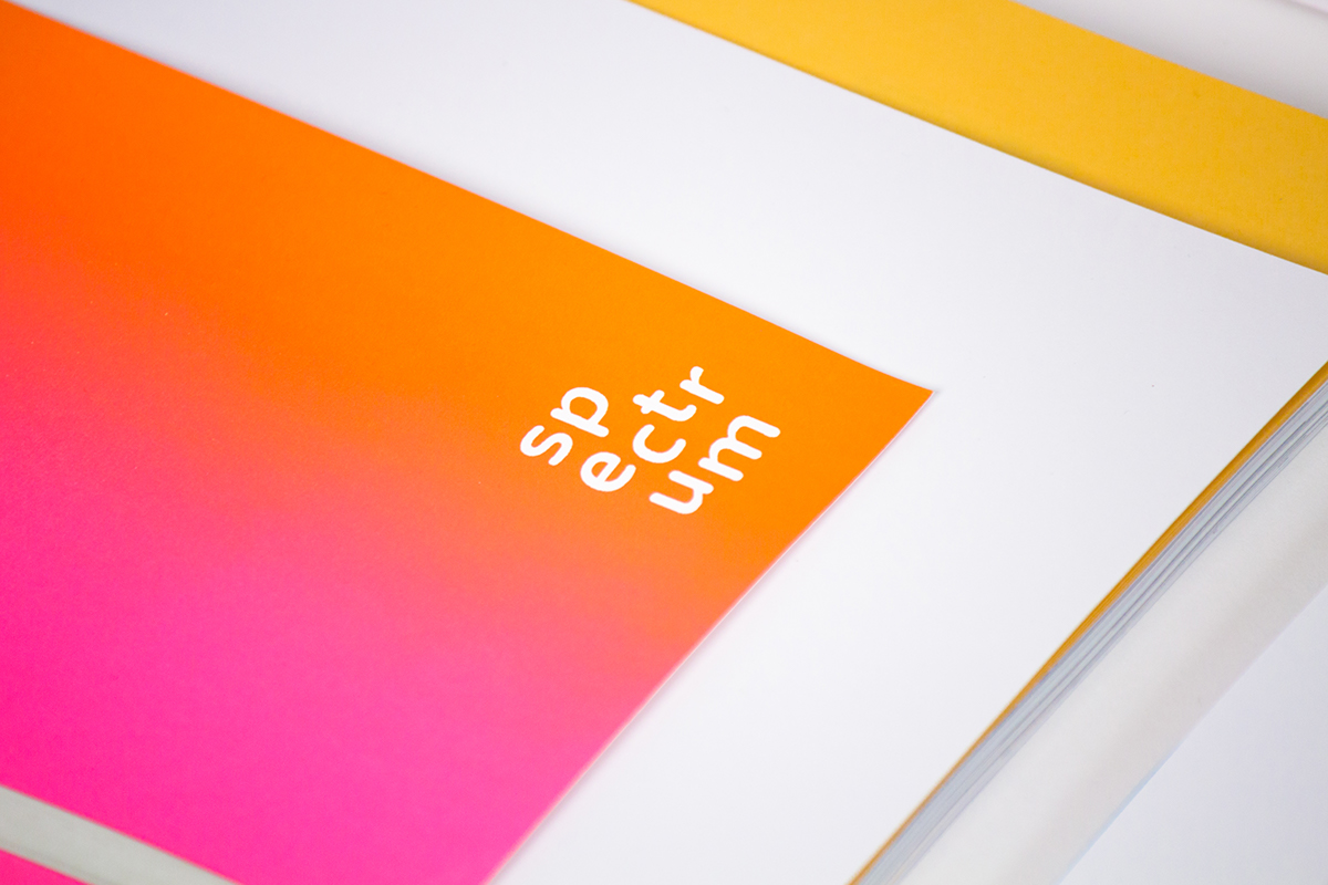 spectrum Catalogue catalog gradient gradients Screenprinting silkscreen book poster print Colourful  pins totes Exhibition 