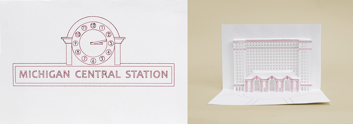pop-up detroit card Fox Theater Eastern Market Michigan Train Station Paper Engineer cut out