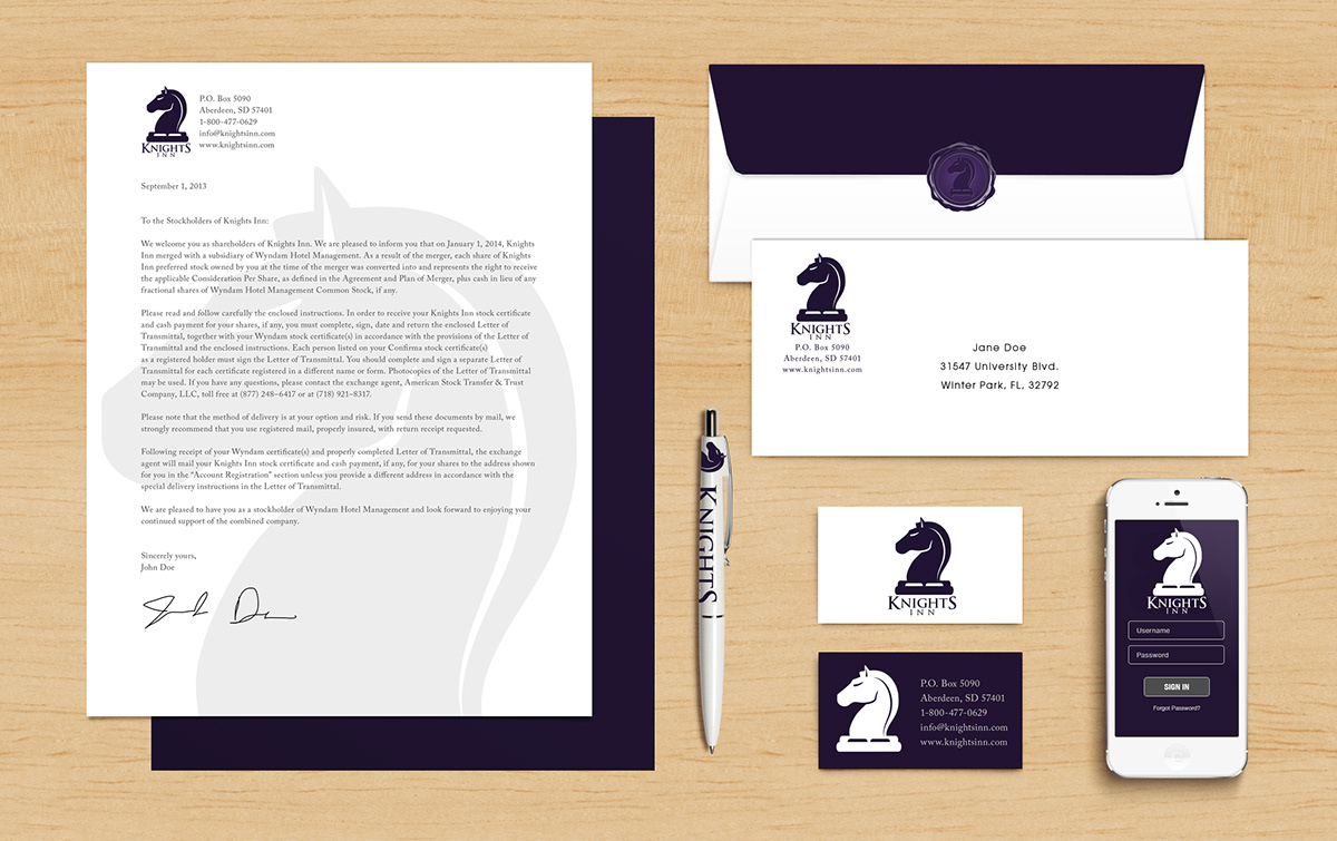 iphone envelope business card mobile pen Stationery Rebrand knights inn hotel chain logo design graphics