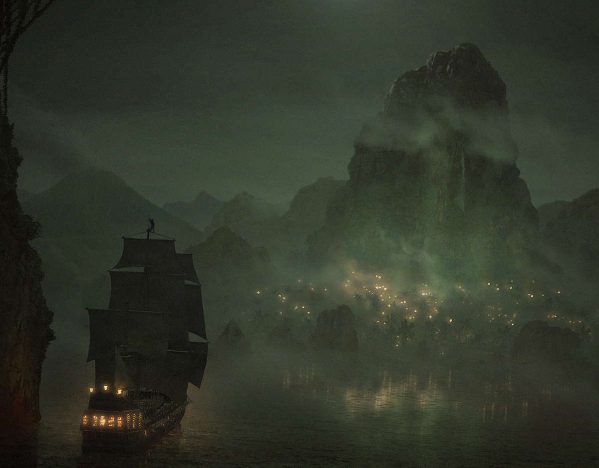 Assassins Creed Black malte blom madsen Uncharted Island mystery Tropical fog smoke volcano tribe ship pirate green color scheme