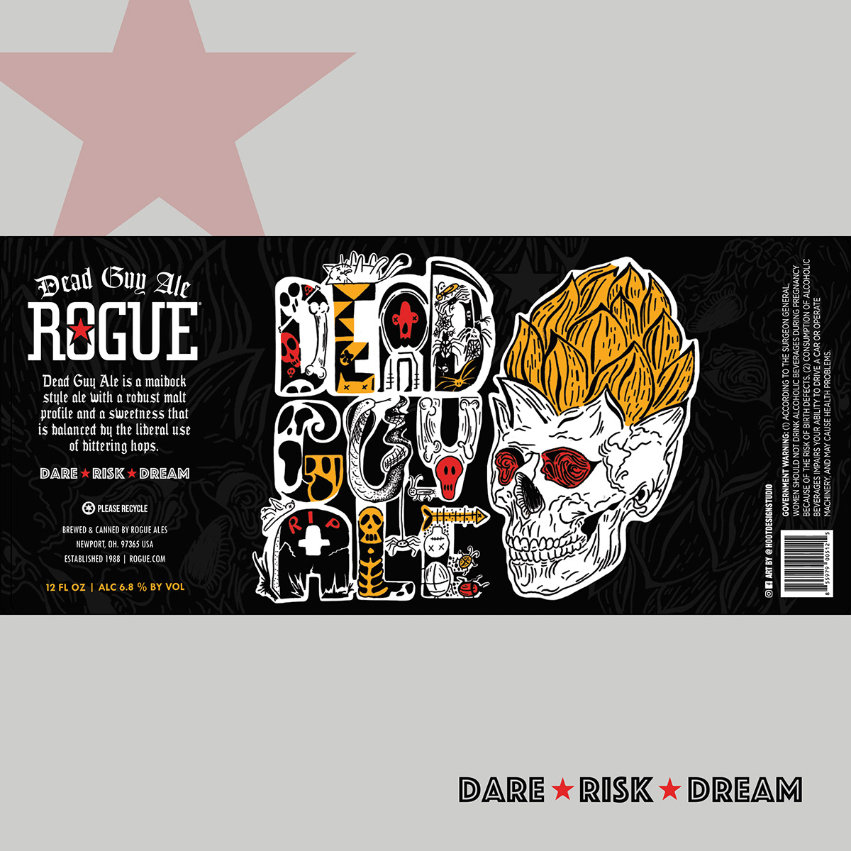 label design for craft beer can, Rogue beer dead guy can design, beer packaging
