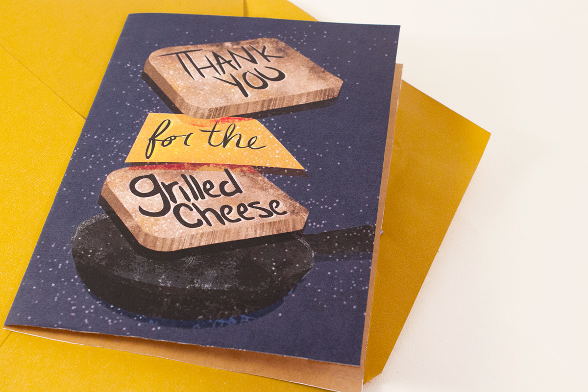 print greetingcard grilledcheese Ashley Earley handdrawntype watercolor ink textures envelope restaurant Food 