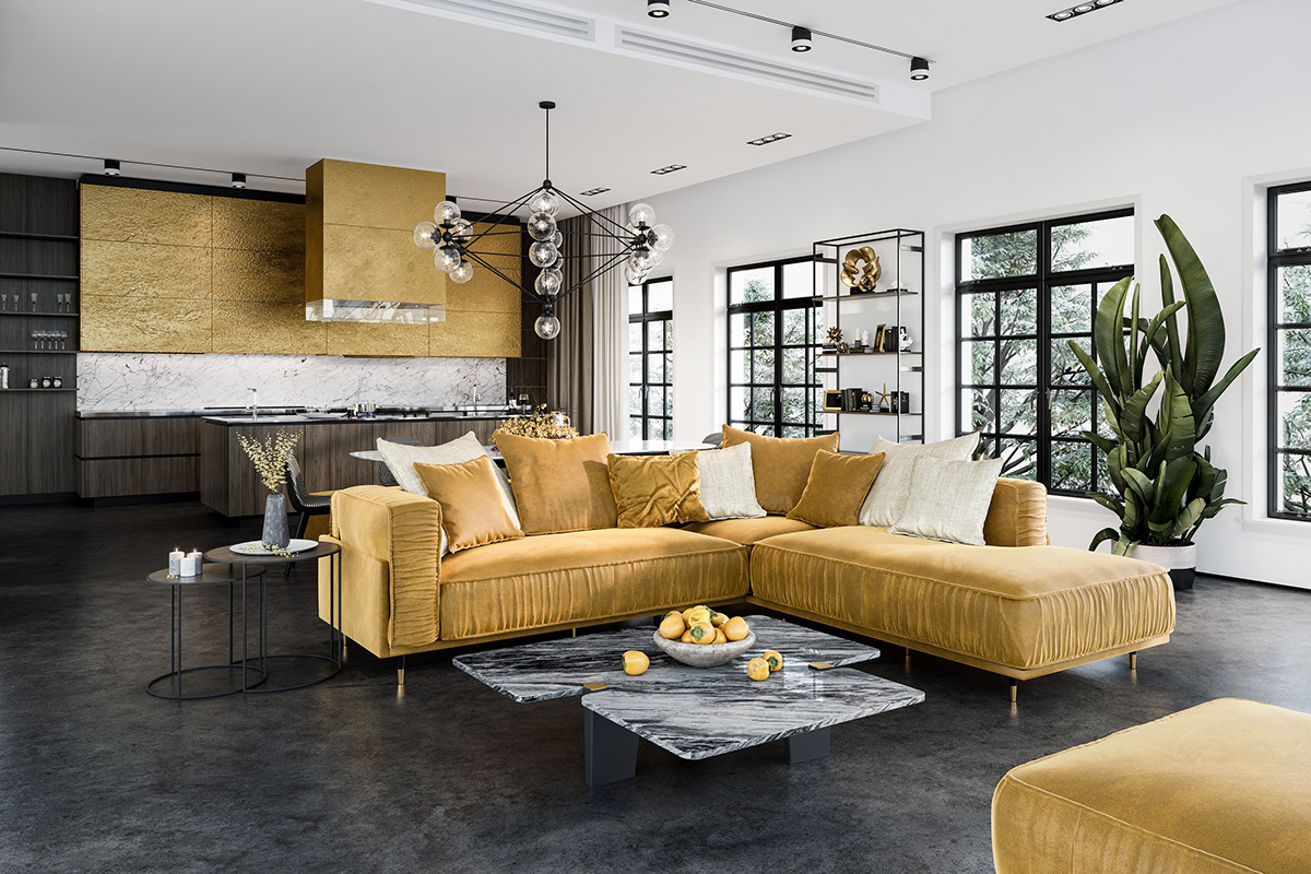 3ds max corona design Interior kitchen modern sofa yellow