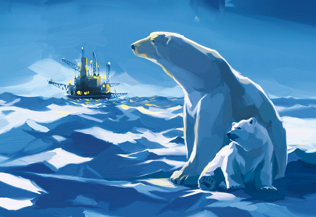 Annual report illustration oil industry foremost winners future graphics team straight arms balloon air sea flight ship Ecology report polar bears ice Nature