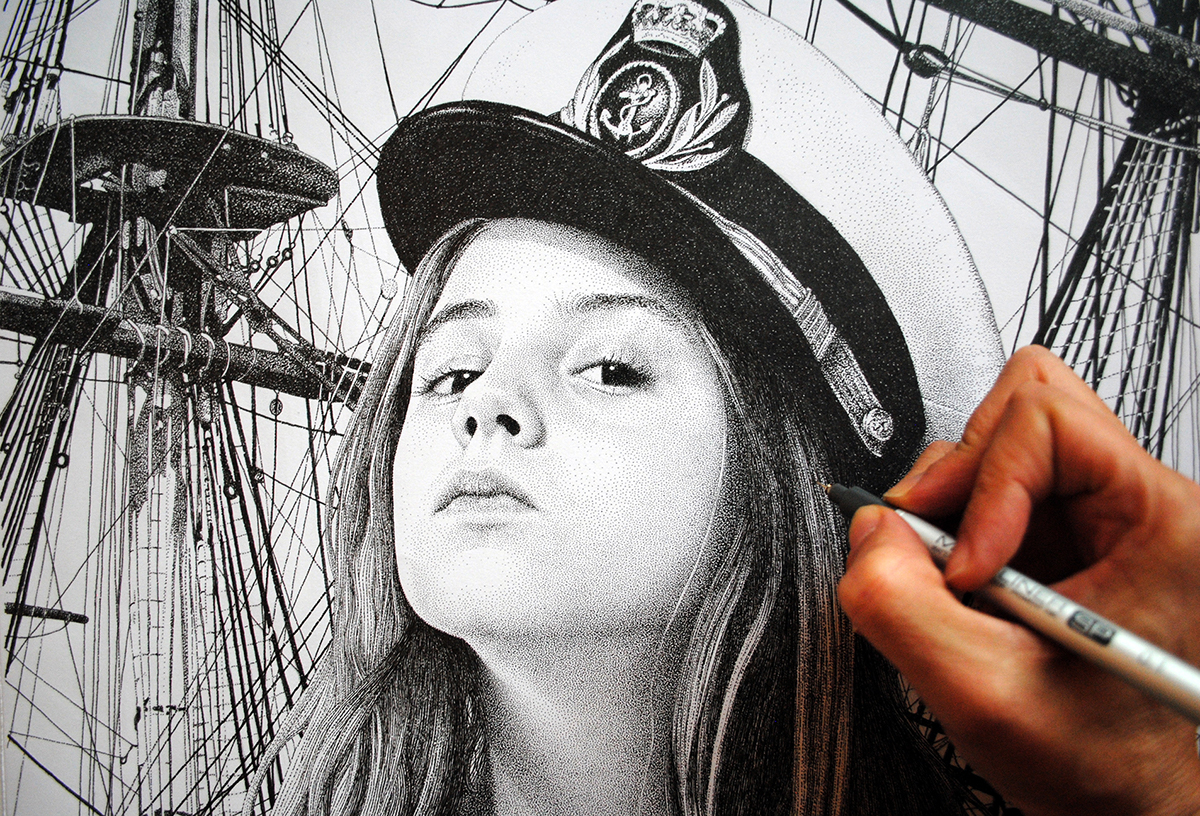 Pointillism stippling portrait black ink paper draw conceptual black & white dots art Realism Human Figure face Sail children