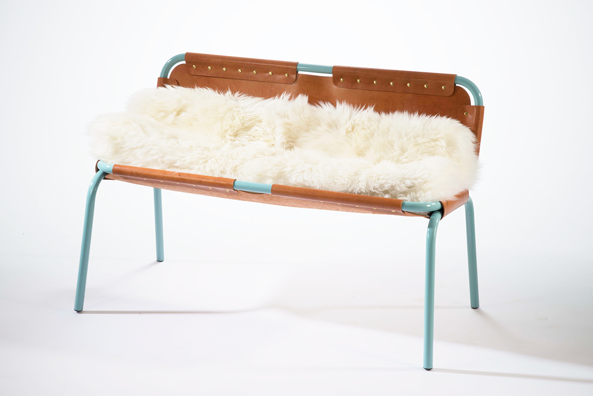 metal leather bench Fur sheepskin steel tubular stool Sling seat furniture design