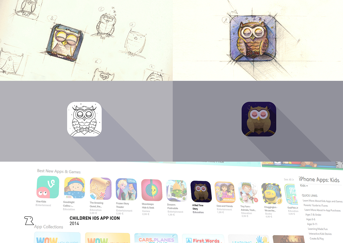 owl Icon children app graphic animal night forest design ios hand drawing pencil Icondesign app store bird