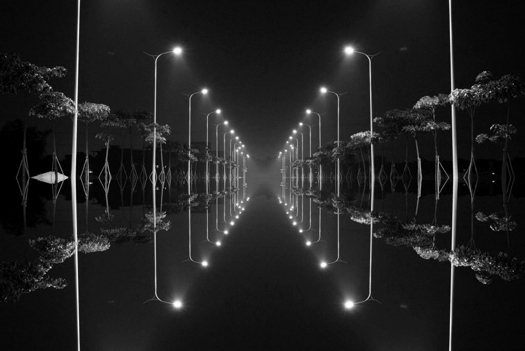 kaleidoscopic visual design black and white photoshop streets dark lights mirror Cities Geometric Shapes artistic