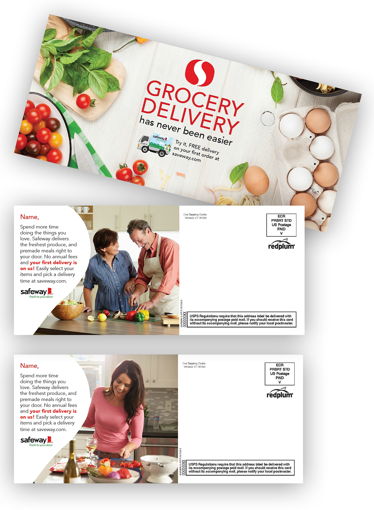postcard personalized Safeway Valassis Grocery delivery empty nesters millenials copywriting  art direction 
