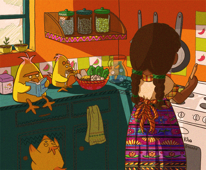 kitchen chicken cooking girl Mexican warm colorful