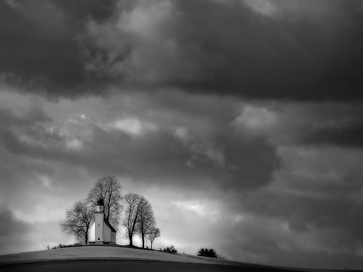 village SKY clouds dark Landscape Bavaria black and white
