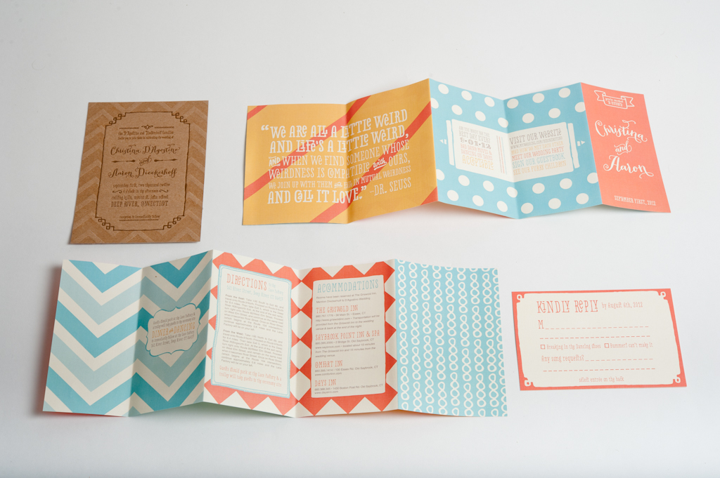 chipboard wedding invitation letterpress Dr.Seuss colorful Patterns accordion TWINE reply card translucent white