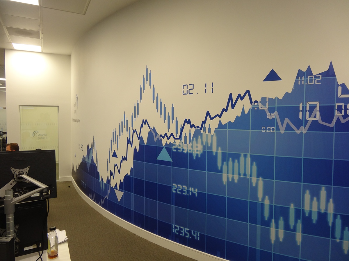 Office wall graphics decals covering digital trading traders London city canary wharf bankers stocks Interior