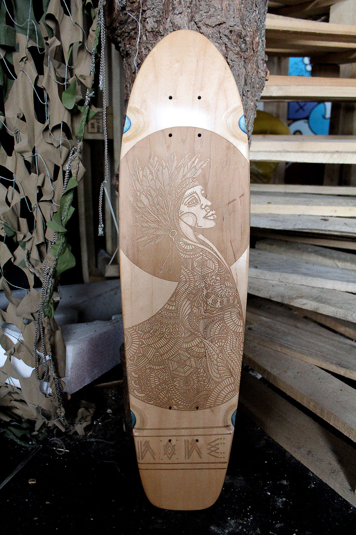 Laser Engraving laser cutting skateboard tribal pattern ink wood engraving skate Board artbynone manchester