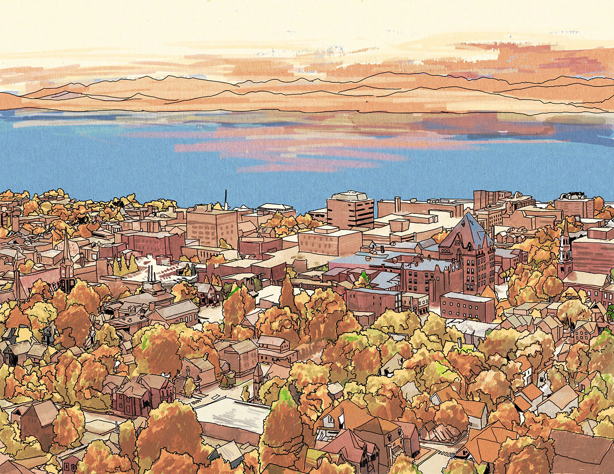 Burlington cityscape autumn winter Fall summer landing page watercolor