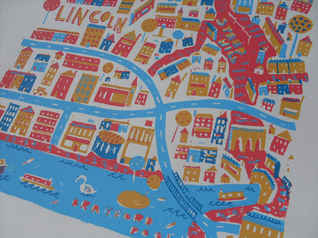 lincoln  city  Map  screenprint  a3 4 colour  Pink   blue  yellow cathedral print