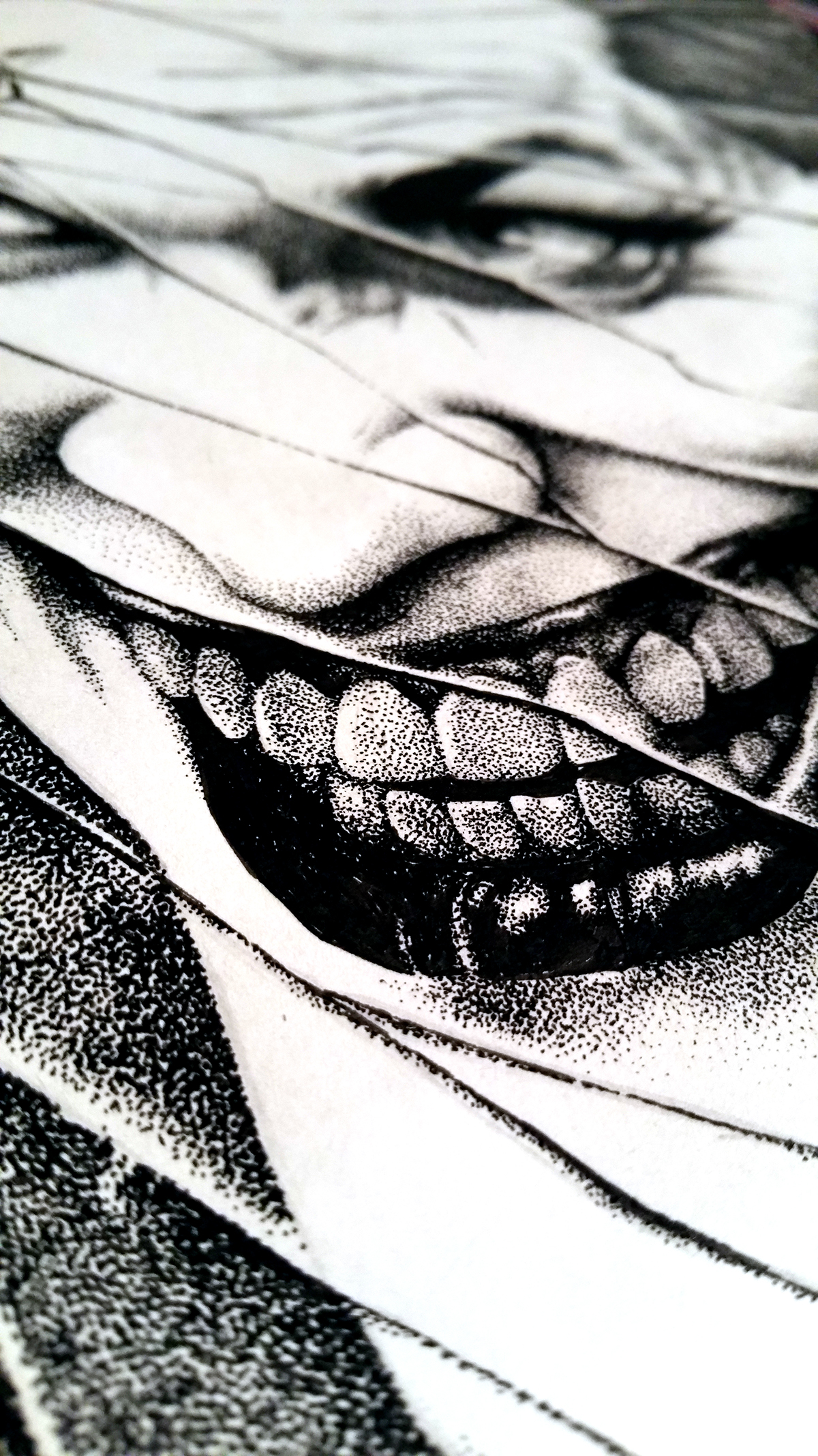 joker batman comic Pointillism dotwork dots stippling hand drawn precision comicbook villain ink portrait black and white moleskine