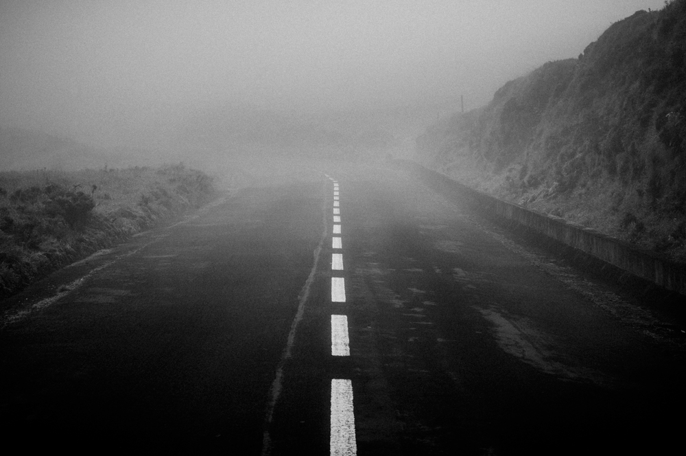 Portugal Azores black and white fog eerie monochrome black White grain road FINEART Landscape concept
