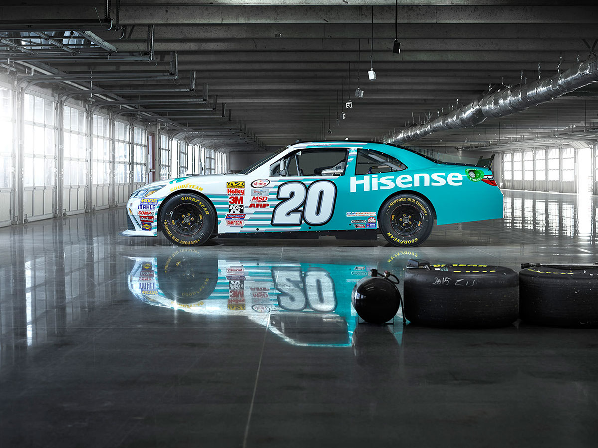 Hisense NASCAR studio car motorsports burnout denny hamlin garage racetrack track Charlotte