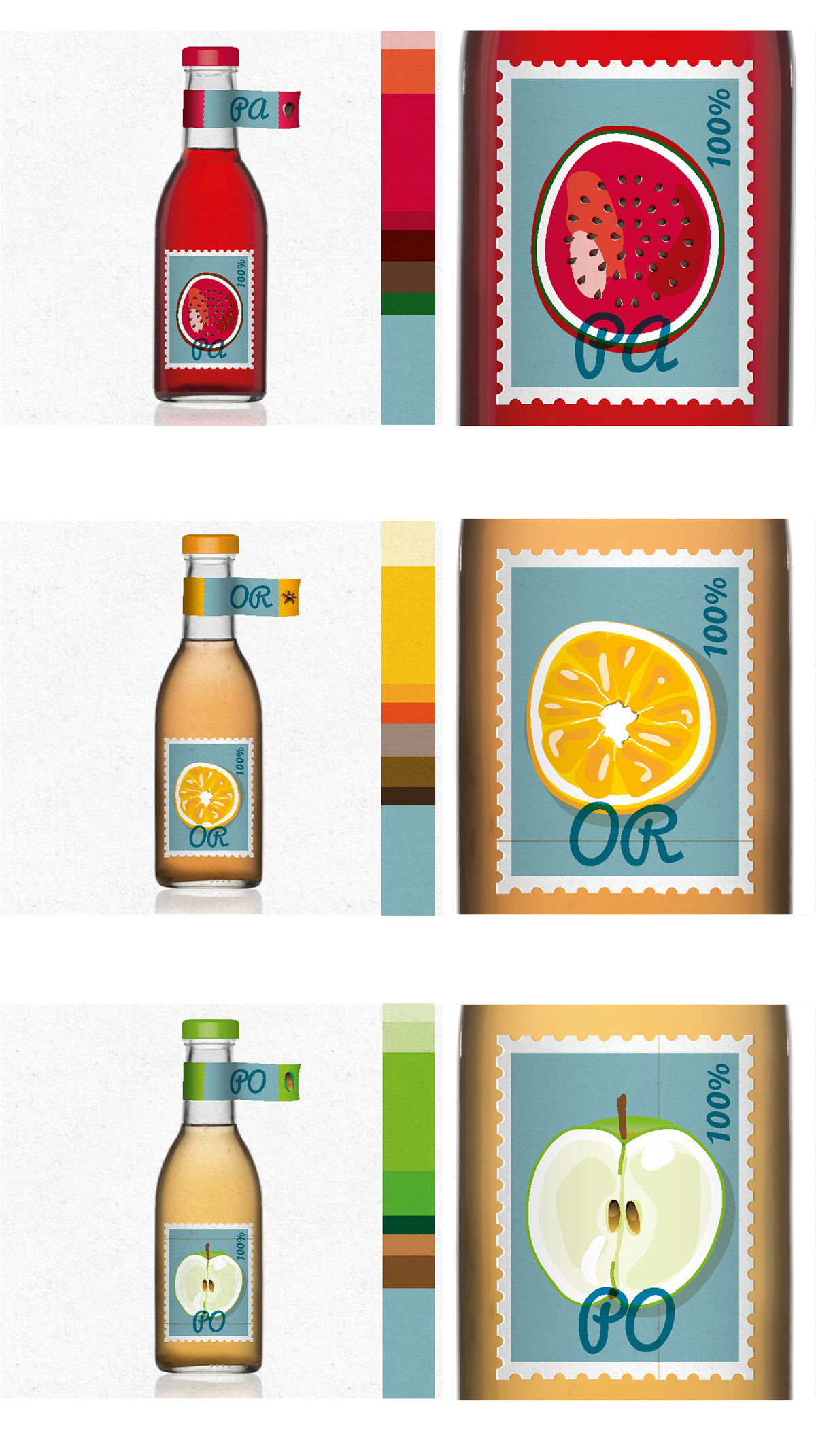 Fruit bottle box cardboard stamps colour stickers postcard vegetal juice