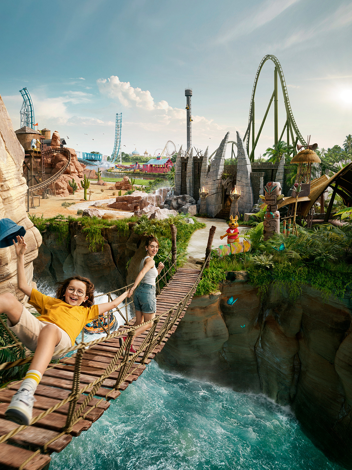 3D Attraction bridge CGI exotic organic rollercoaster stone themepark Tropical