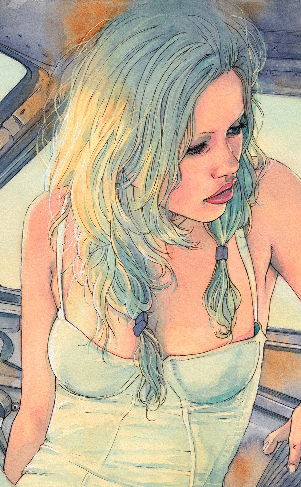watercolor portrait car woman traditional Analogue ink girl artwork acuarela ilustracion