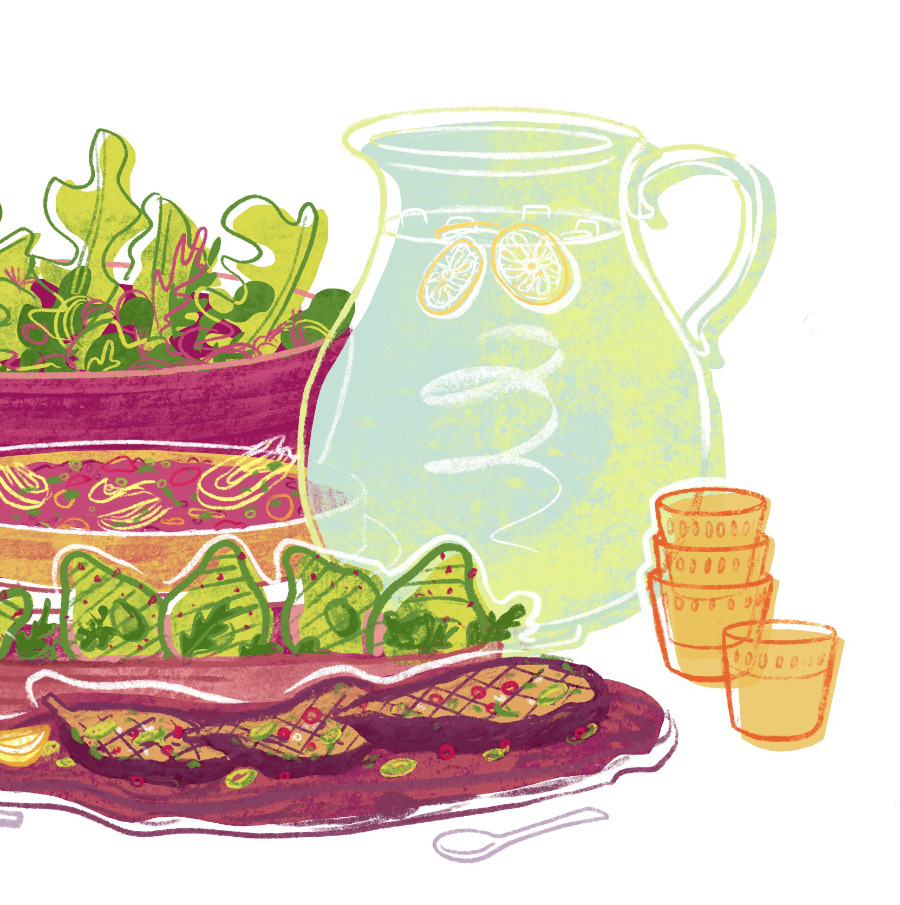 food illustration summer dinner lifestyle table digital painting Editorial Illustration vegan