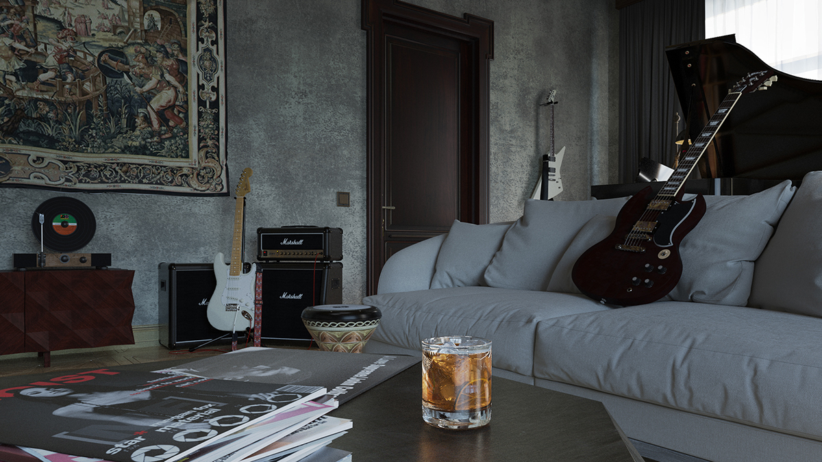 living room 3d max corona guitar