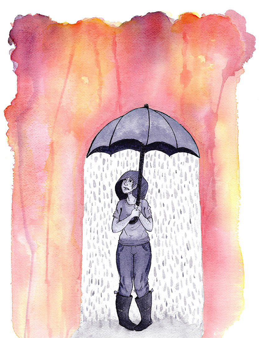 SCAD watercolor ink girl Umbrella rain traditional colorful