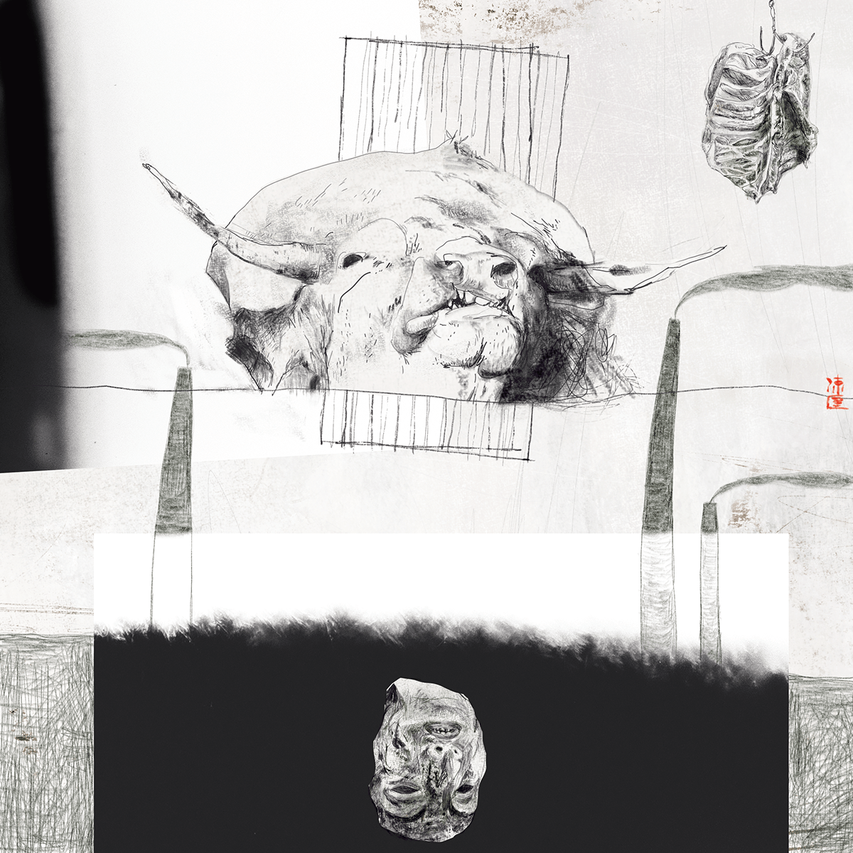 black and white monochrome collage digital surrealism Drawing  buddhism samsara reincarnation suffering Pencil drawing