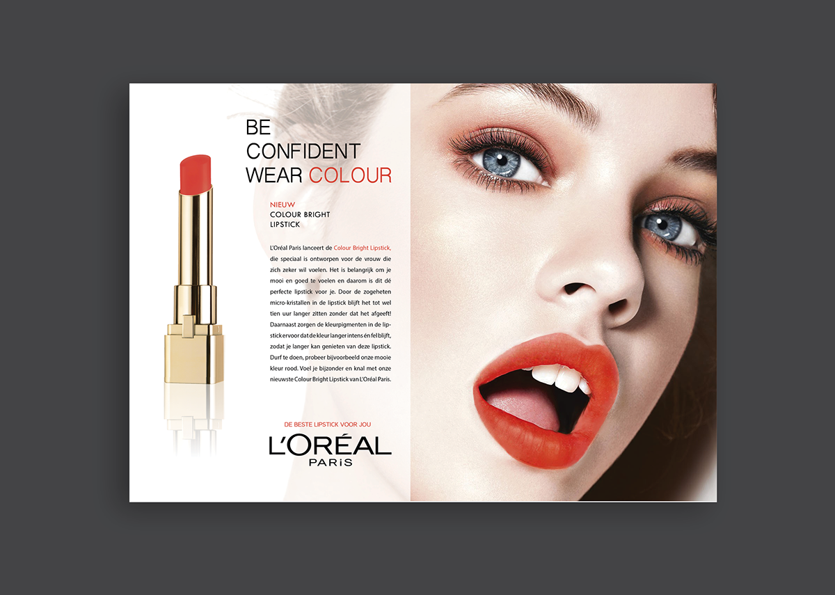 L'oreal Paris advertisement brochure graphic design bright colour lipstick confidence