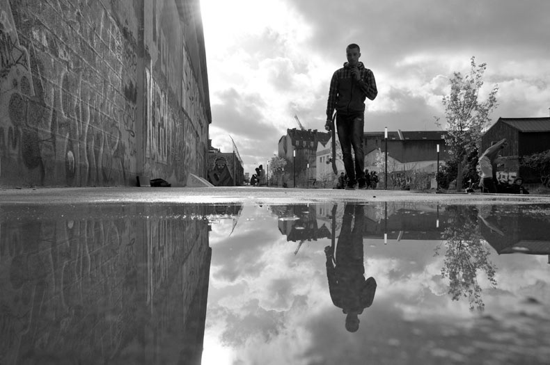 skateboard black and white snapshot reflection street photography france