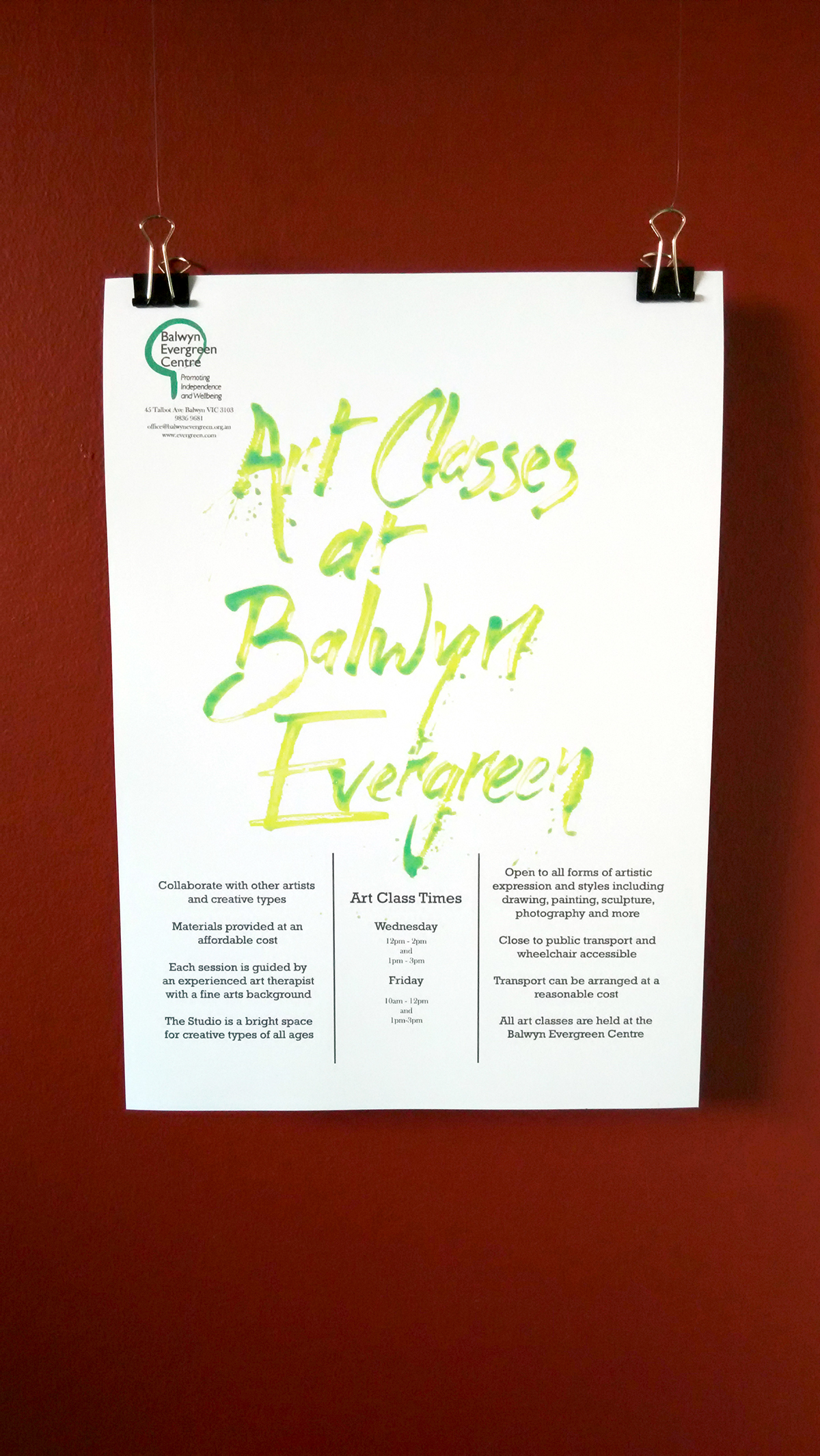 Poster Design art classes Balwyn Evergreen Centre HAND LETTERING