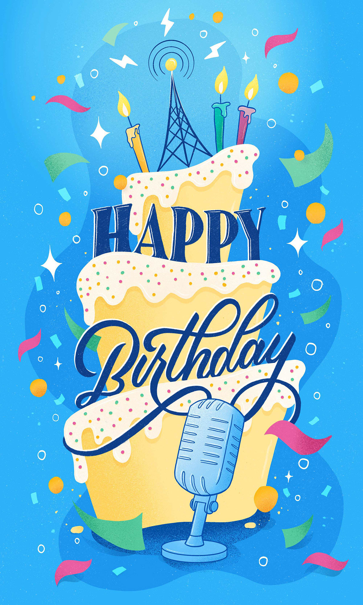 Hand lettering and illustration with a cake and radio tower and confetti