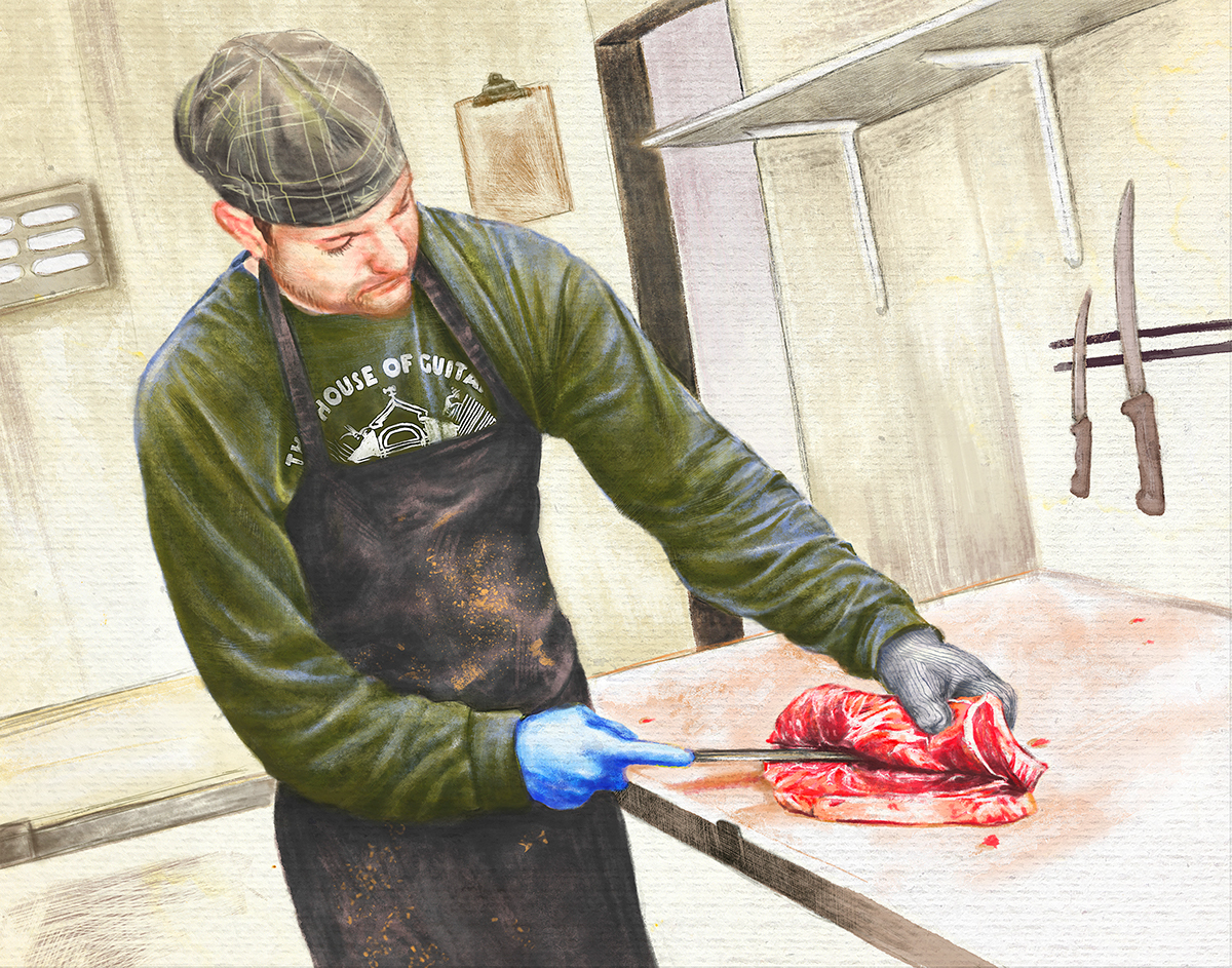 butcher meat pork chops steak cutting meat bandsaw Meat Shop journalistic illustration