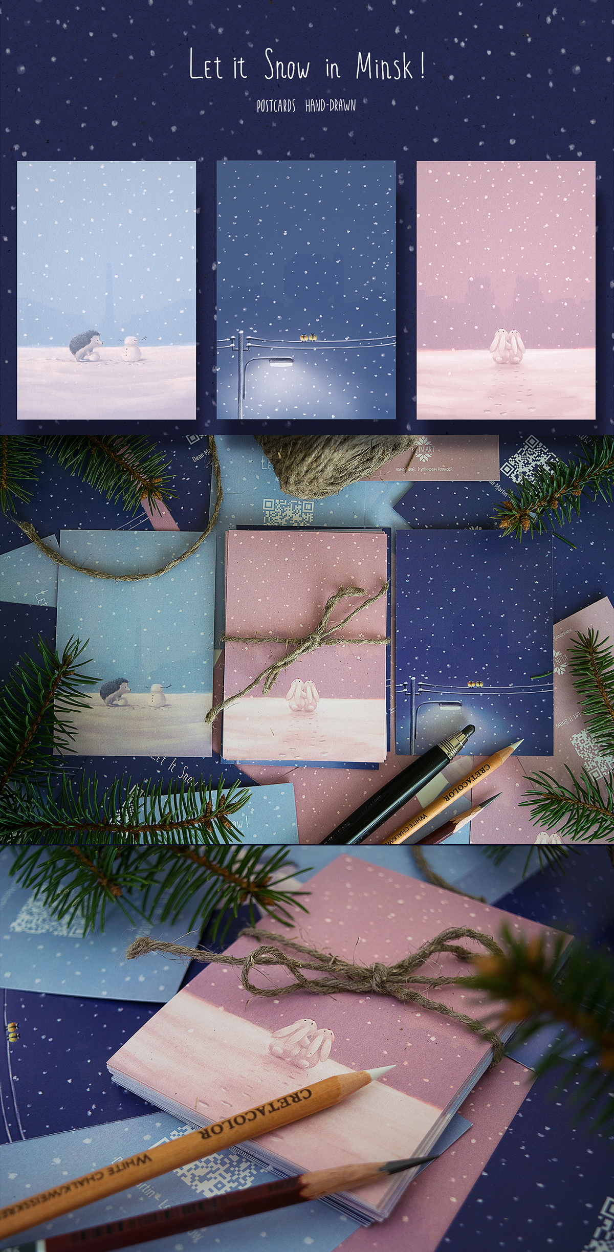 postcard Hedgehog rabbit hare winter snow new year Christmas birds graphic arts hand-drawn christmas Tree minsk gift