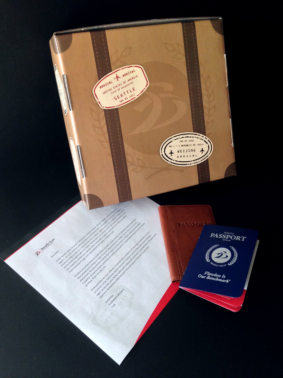 BenefitTrust Leads Campaign mailer Reactor Design Studio Passport suitcase Travel