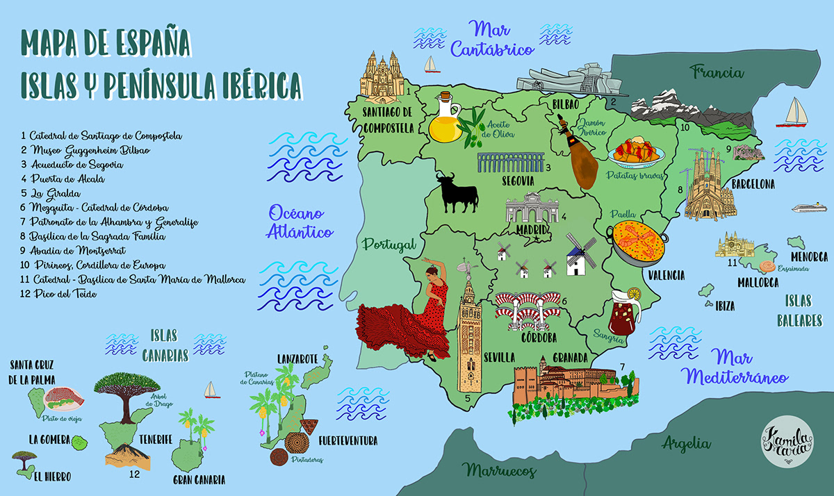 españa Flamenco Iconos de España Islas Baleares islas canarias Lugares históricos mapa monumentos paella Productos nacionales