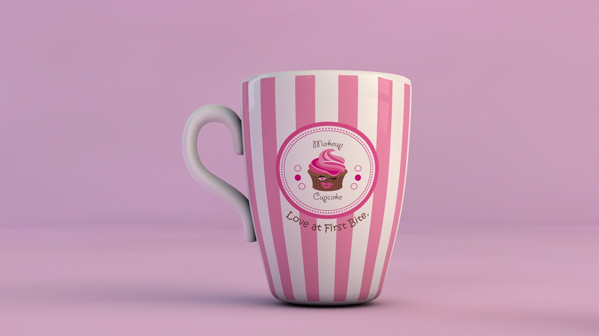 Makeup Cupake stripes business card Mug  Disposable cup menu creative 3D cinema 4d pink cupcake cake cute