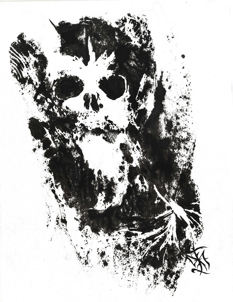 Asfodelos Leimonas figures design lino print ink post-apocalyptic Demons monsters Sculls skeleton detail fear future