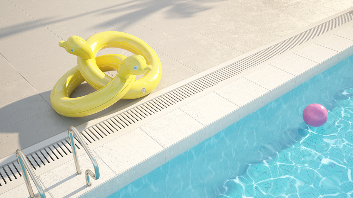 summer Pool c4d cinema4d 3D floaties Holiday vacation hotel Swimmingpool colors scene California palms summertime