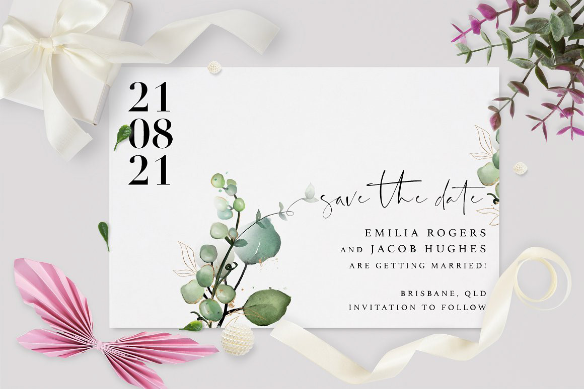 watercolor herbal foliage leave wedding invite save the date organic emblems wedding Stationery