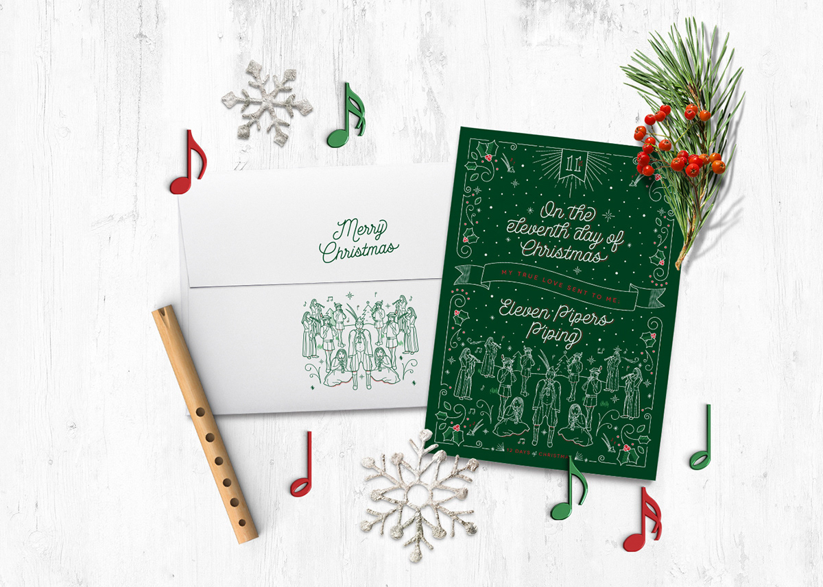 12 days of greeting cards set Merry Christmas lettering icons Holiday song ILLUSTRATION  pantone
