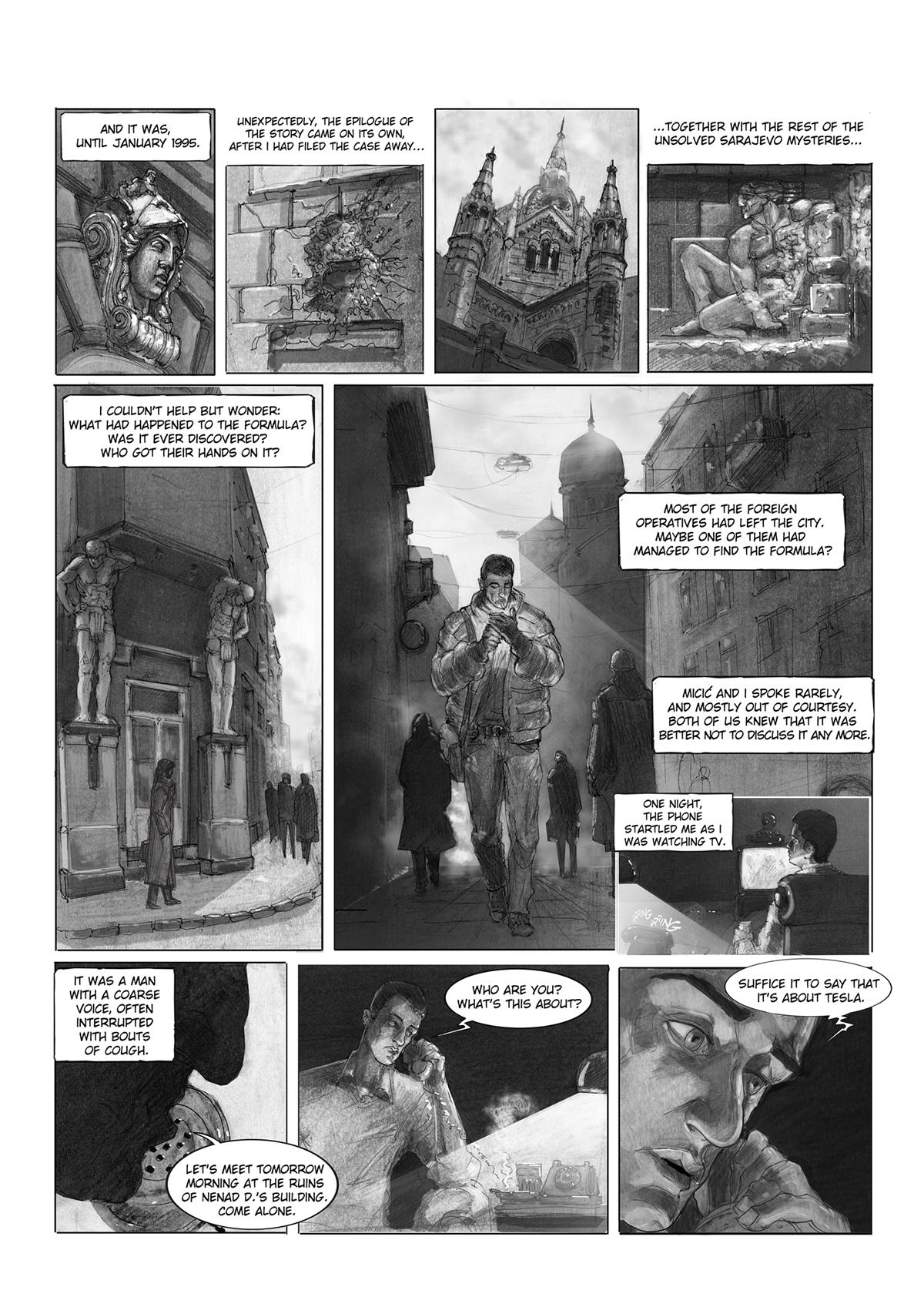 nikola tesla comic comics art pencil ink noir STEAMPUNK War Siege mistery