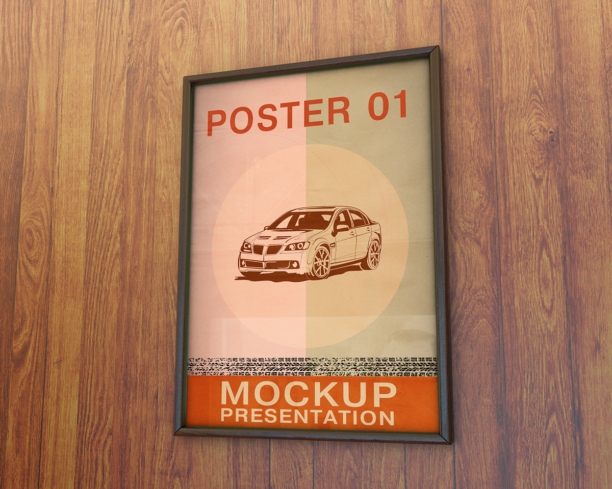 poster frame car Mockup mock-up 3D wall wood 3dsmax envato graphicriver retrò. a4